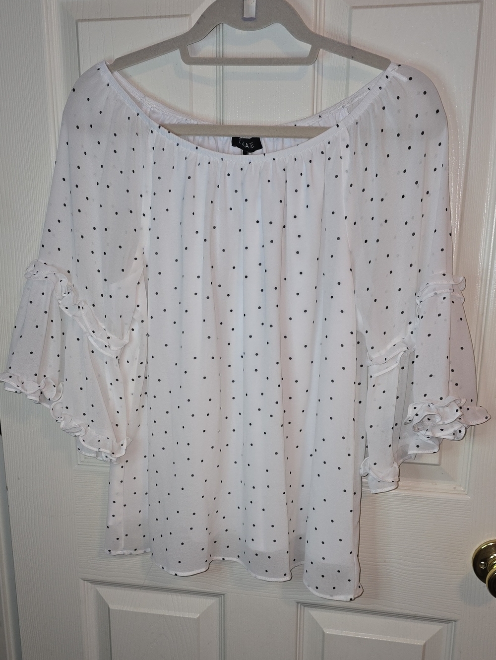 1. State White Off-Shoulder Black Polka Dot Ruffle Sleeve Blouse